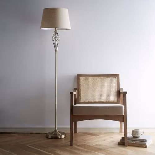 K LIVING Compton Antique Brass Floor Lamp with Beige Linen Lampshade, Height: 166 cm