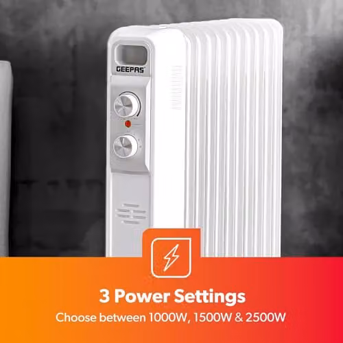 Geepas 11 Fin Oil Filled Radiator Heater with Adjustable Thermostat, Overheat and Tilt Protection, White, H 66 x W 35 x D 17 cm – 4