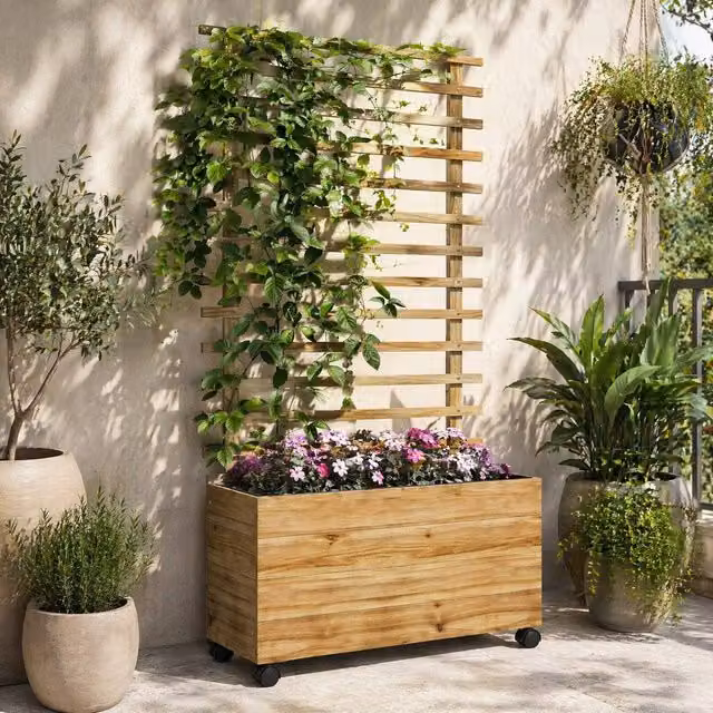 STILVORA Raised Planter with Trellis and Wheels in Brown Wood, W/D/H: 76 x 30 cm – 1