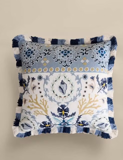 M&S Blue Multicolour Pure Cotton Square Coastal Floral Embroidered Cushion