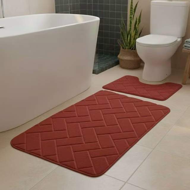 Snug City City Block Design Memory Foam Bath Mat Set in Red, W: 80 cm, D: 50 cm