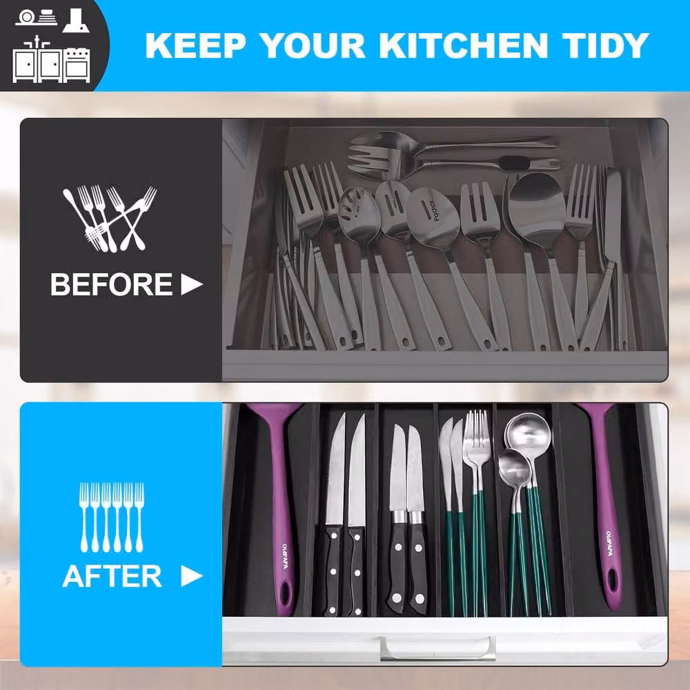MantraRaj Bamboo Expandable Cutlery Tray Organiser with Compartments, Black – 6