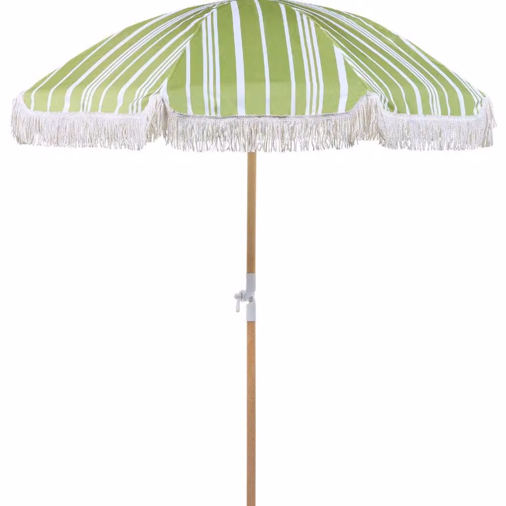 Wyld and Coco Tilting Round Garden Parasol with Beech Wood Pole, Lime Green and White Striped, Diameter: 150 cm – 2