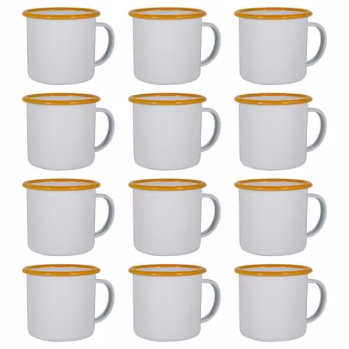 Argon Tableware White Enamel Mugs in Yellow, Set of 12, 375ml – 1