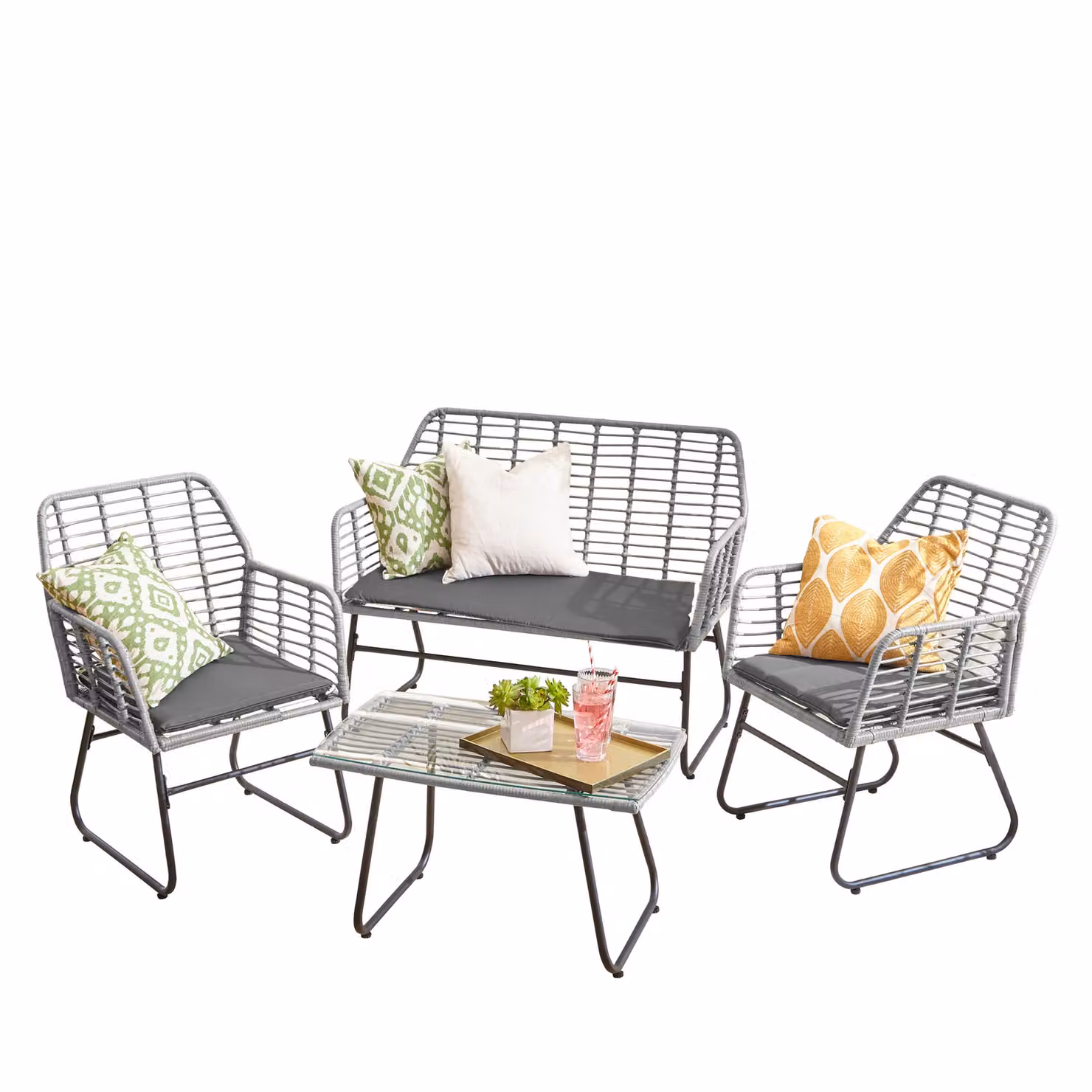 Neo 4 Piece Wicker Bamboo Style Garden Sofa, Table and Chairs Set in Dark Grey – 2