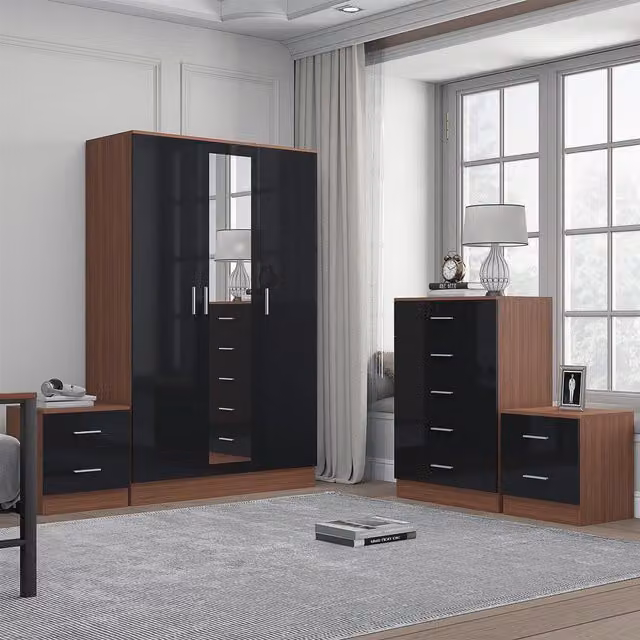 REFLECT Bedroom Furniture Bundle including 3-Door Mirror Wardrobe, Chest of Drawers and 2 Bedside Tables in Black Gloss and Matt Walnut