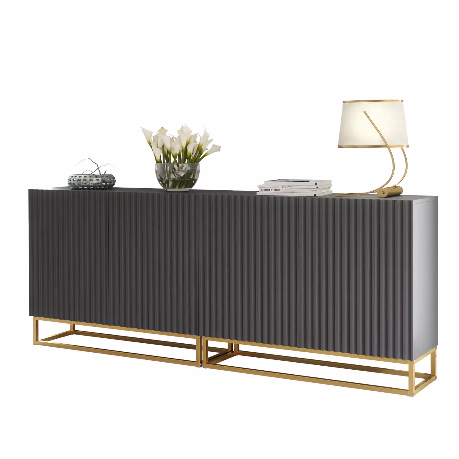 Mex Furniture LTD Set of 2 White Fluted Sideboards with Gold Base and Dark Grey Accents, W: 200 cm – 2