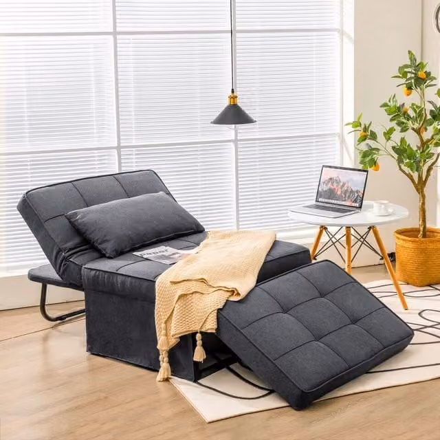 Costway Grey Fabric Single Sofa Chair Sleeper with Ottoman and Armrests