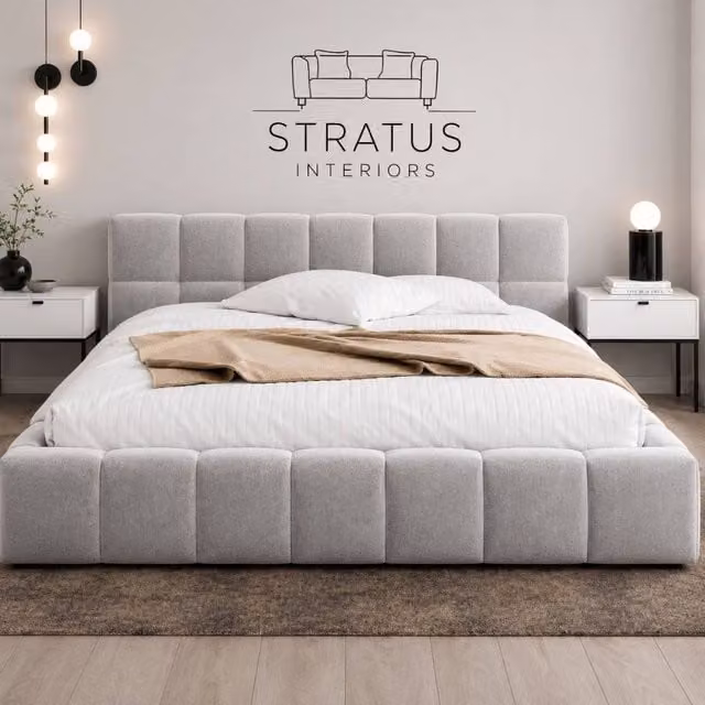 Stratus Interiors Cubed Mini Ambassador Upholstered Bed Frame in Light Grey Velvet, Super King