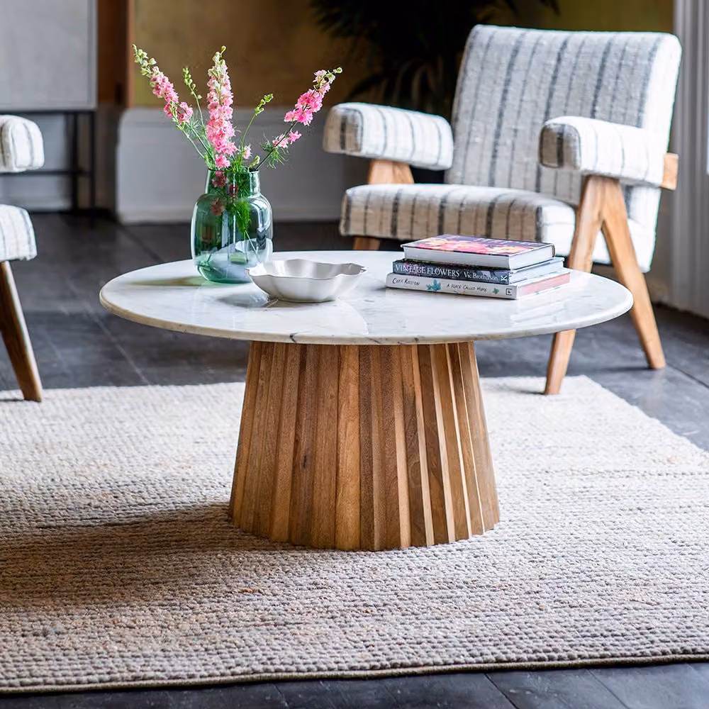 Atkin & Thyme Westbourne Round Marble and Mango Wood Coffee Table in Black and White