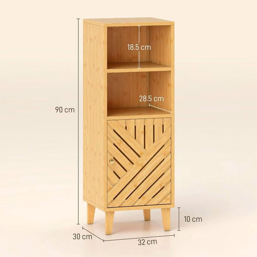 EONLION Slim Freestanding Bathroom Cabinet with Brown Bamboo Doors and Open Shelving – 2