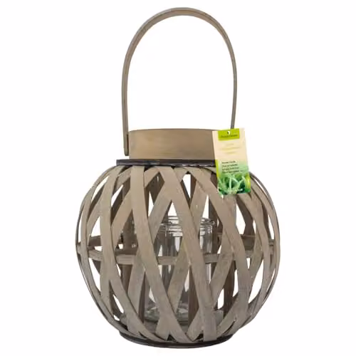 JVL Luna Set of 2 Natural Round Wood Lanterns with Handle, Antique Wash, Brown, H 24.5 cm x W 24 cm x D 24 cm