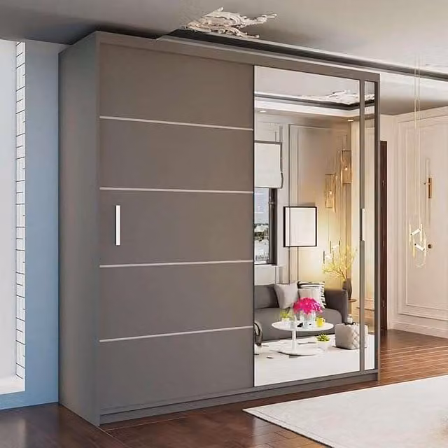 MN Furniture Grey Double Door Sliding Mirror Wardrobe with Integrated LED Lighting W: 180 cm, H: 217 cm