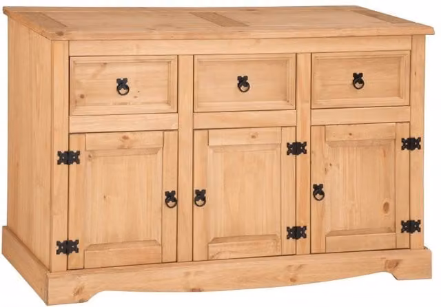 Mercers Furniture Corona Solid Pine Wood 3 Door 3 Drawer Sideboard in Brown and Grey, W/D/H: 125 x 40 x 76 cm