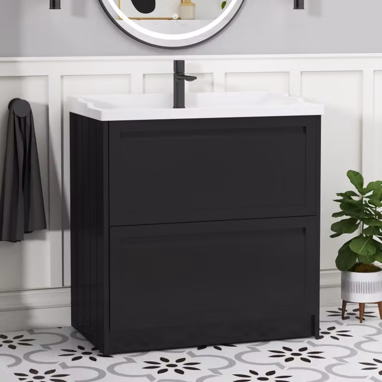 Royal Bathrooms Elmore Traditional Floor Standing 2 Drawer Vanity Unit with Ceramic Basin, Matt Nocturne Black, Width: 80 cm
