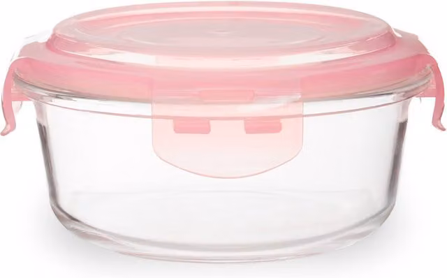 Orsina Pink Transparent Round Glass Food Container, 620ml, Leakproof and BPA Free