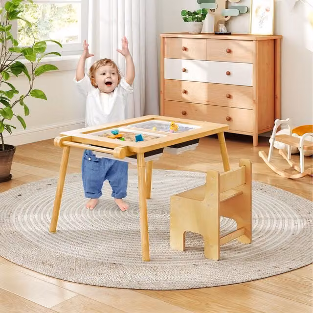 COSTWAY Scandinavian Sensory Table and Chair Set for Children in Beige and Brown