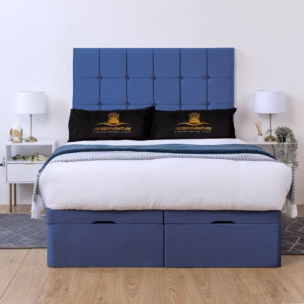 UK Bed Furniture Florence Blue Upholstered Ottoman Storage Divan Bed with End Lift and 54 Inch Headboard, W/D/H: 90 x 190 cm – 2