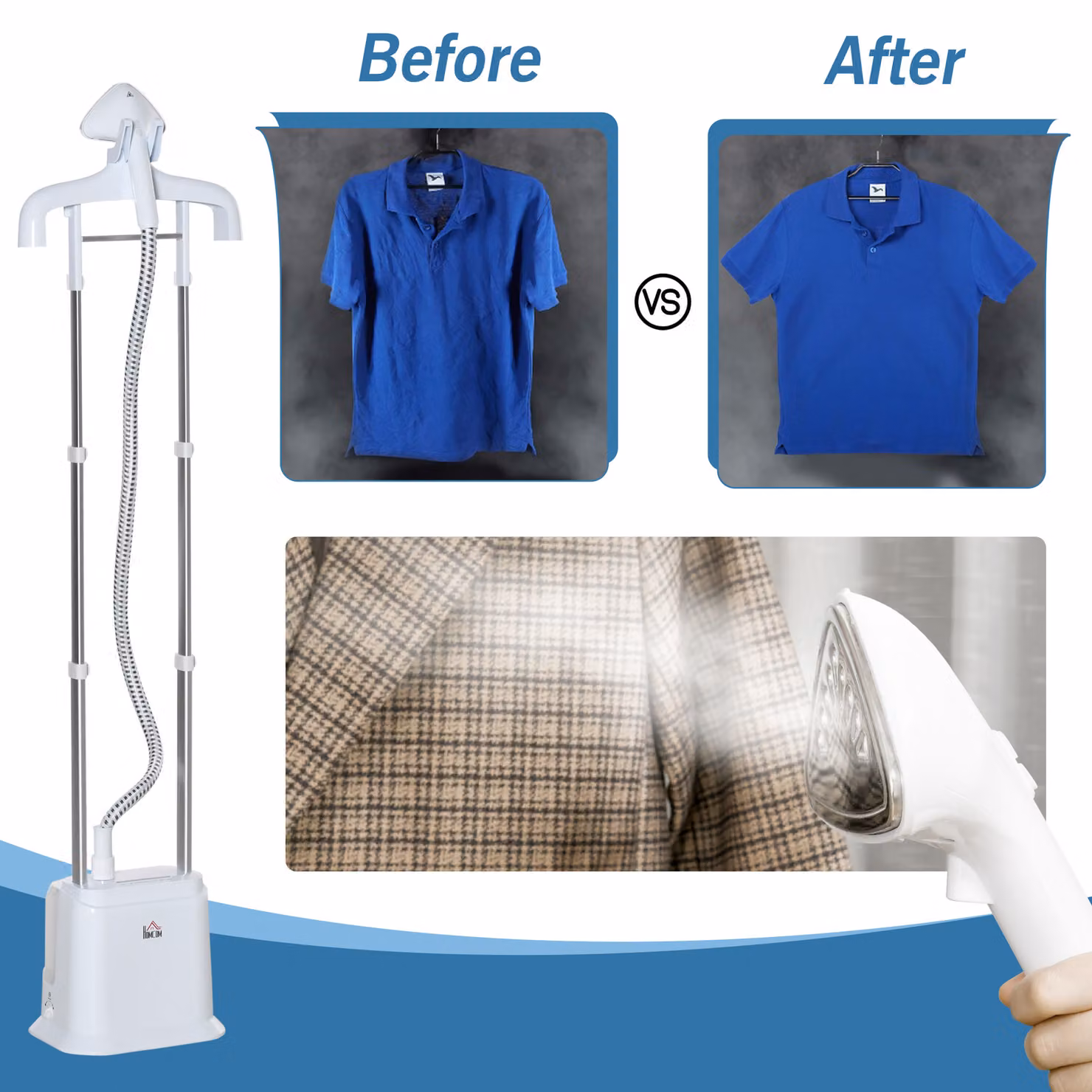 HOMCOM Upright Garment Steamer in White with 1.7L Water Tank and 6 Steam Settings – 4