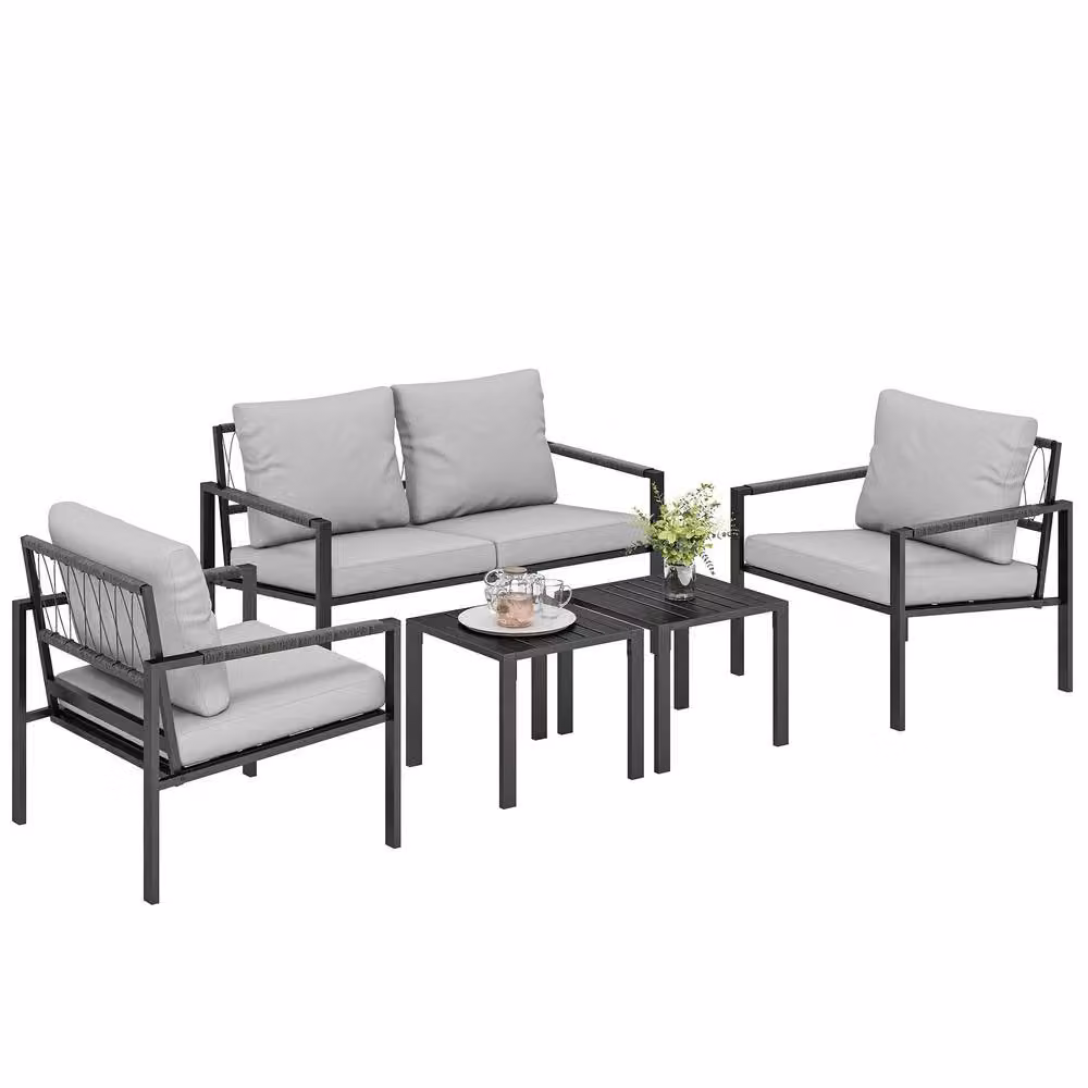 OUTSUNNY 5 Piece Metal Garden Furniture Set with Upholstered Cushions in Grey – 2