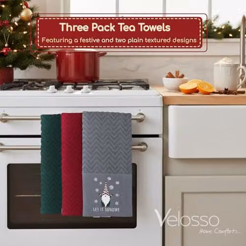 Velosso 3 Pack Christmas Tea Towel Set with Let It Sgnome Design, Absorbent Cotton Kitchen Towels in Green, Red and Grey – 2
