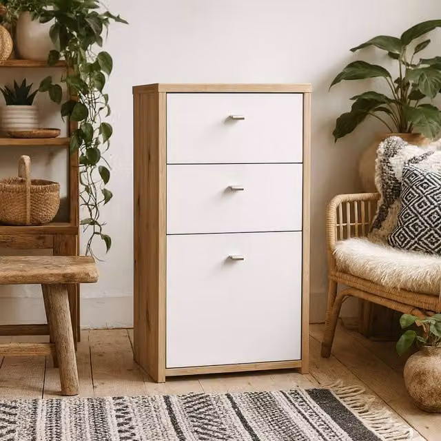 Wyld Haus Willowmere Artisan Oak Chest Cabinet in White and Brown with 2 Drawers and 1 Door