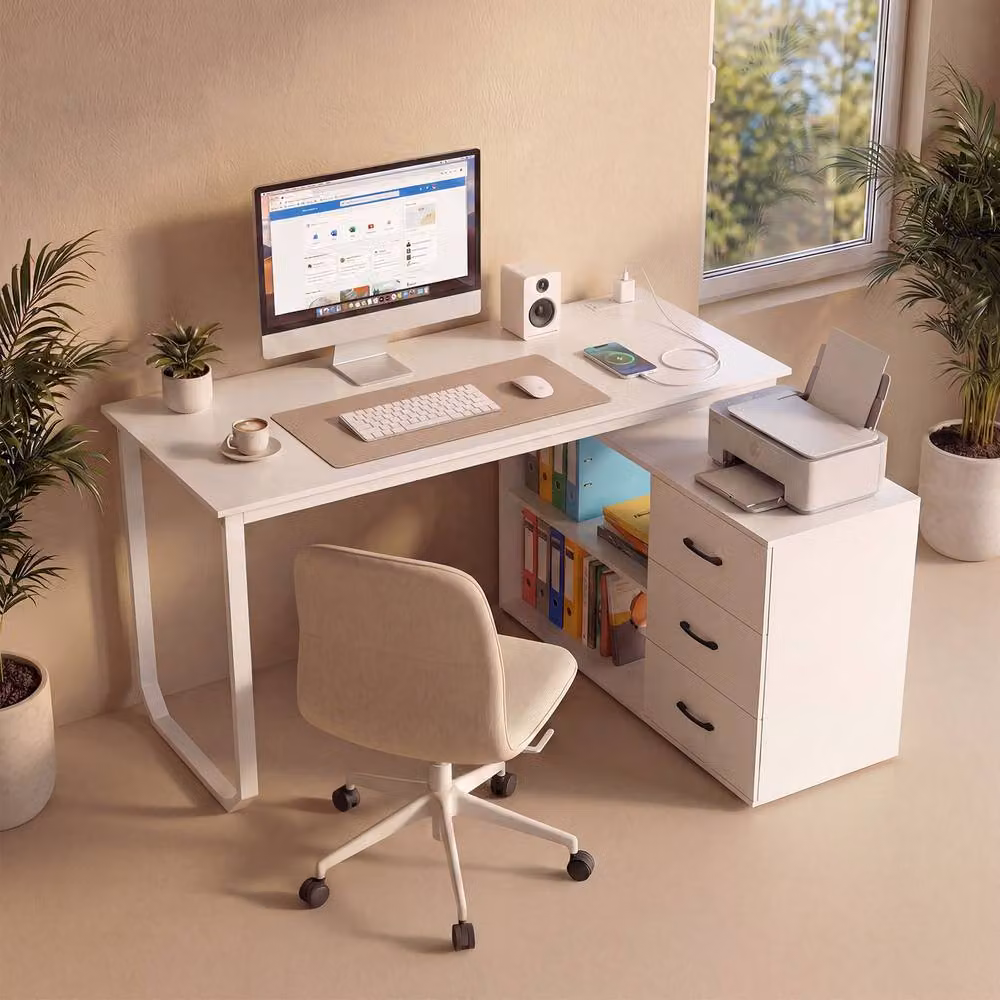 Costway Reversible L Shaped Corner Desk with Power Outlet in White – 2