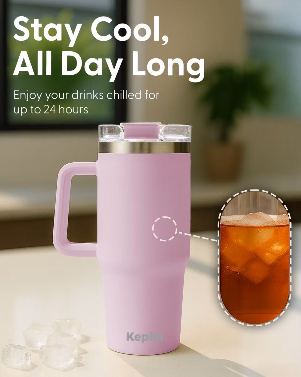 Keplin 40 oz Thermal Travel Mug with Handle, Straw and Lid, Pink – 4