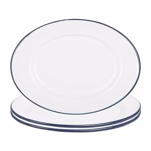 Argon Tableware White Enamel Serving Platters with Blue Rims, Pack of 3, W: 30.5 cm, D: 22.5 cm – 1