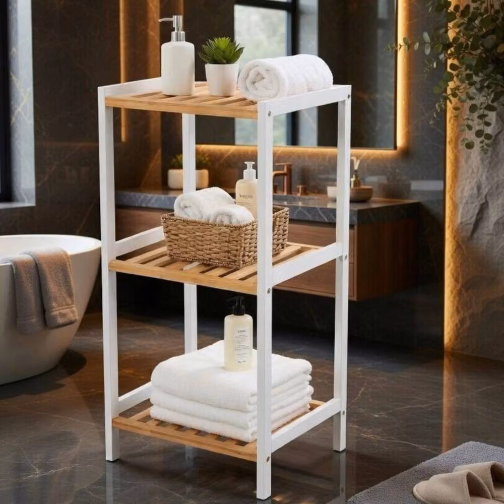 Kelvenix 3 Tier Slim Wooden Ladder Bathroom Shelf Storage in Brown and White – 4