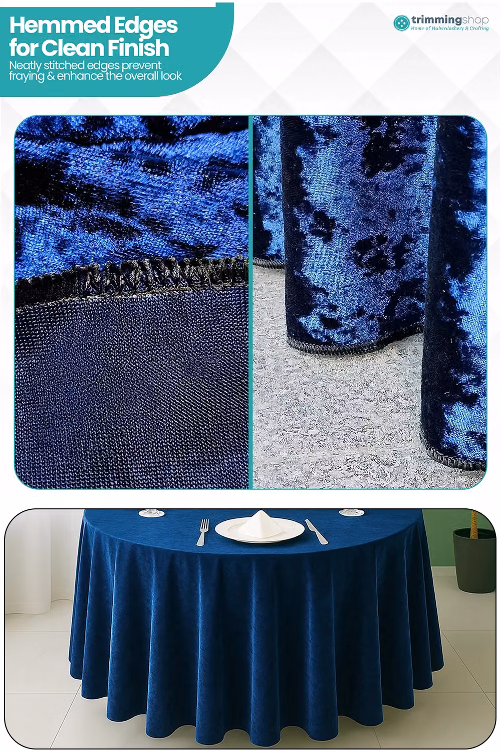 Neel Blue Diamond Velvet Round Tablecloth in Navy Blue, Diameter: 274.32 cm – 5