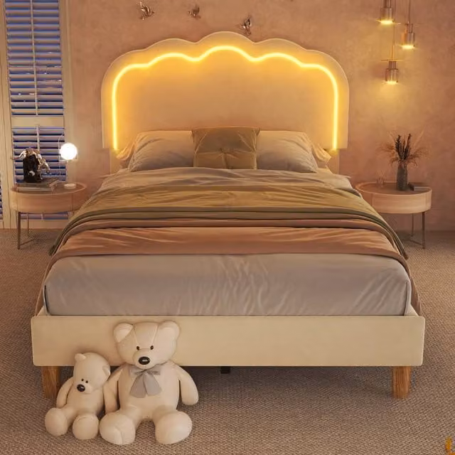 Merax 3FT Single Velvet Upholstered Bed with LED Adjustable Headboard in Beige, W/D/H: 90 x 190 cm – 1