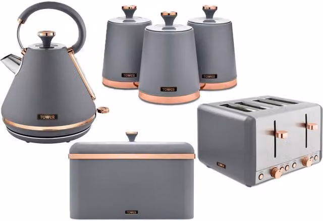 Tower Cavaletto Kitchen Bundle in Grey and Gold with Kettle, Toaster, Bread Bin and 3 Canister Set