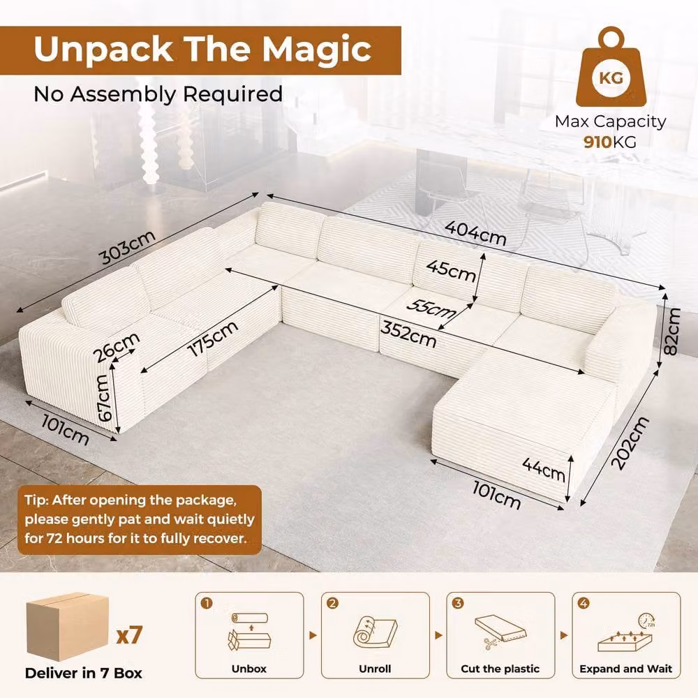 Dprodo Corduroy Modular 6-Seater L-Shape Corner Sofa with Matching Ottoman in Beige – 2