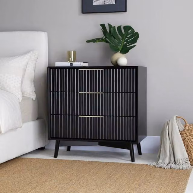 Home Garden Direct Monza 3 Drawer Chest with Fluted Front in Black and Gold