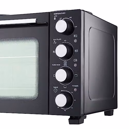 Cooks Professional 28L Mini Portable Oven with Two Cast Iron Hobs, Grill and Convection Functions, Black and Silver – 4