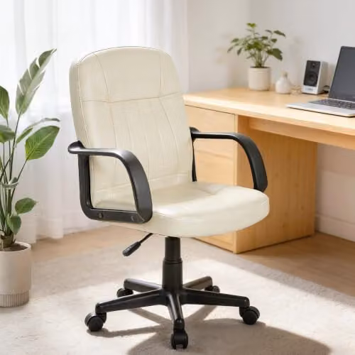 HOMCOM Swivel Executive Office Chair for Adults in Cream White Faux Leather with Armrests and Castors – 7