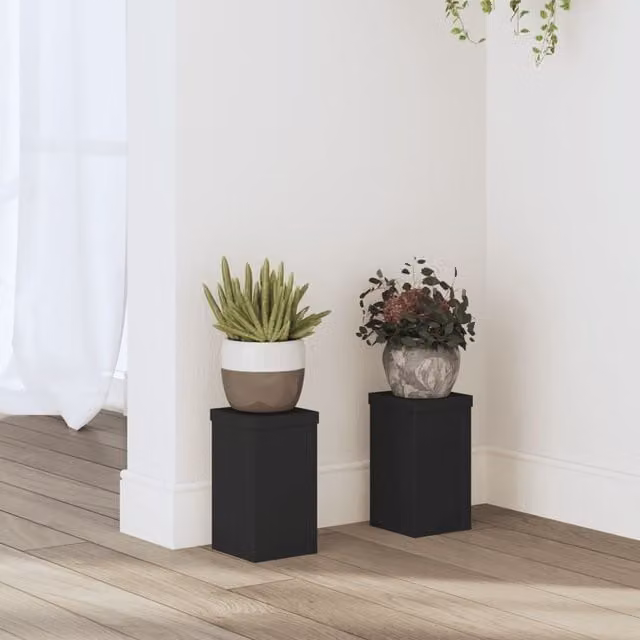 Berkfield Home Set of 2 Black Square Wood Plant Stands, W/D/H: 10 x 10 x 18 cm