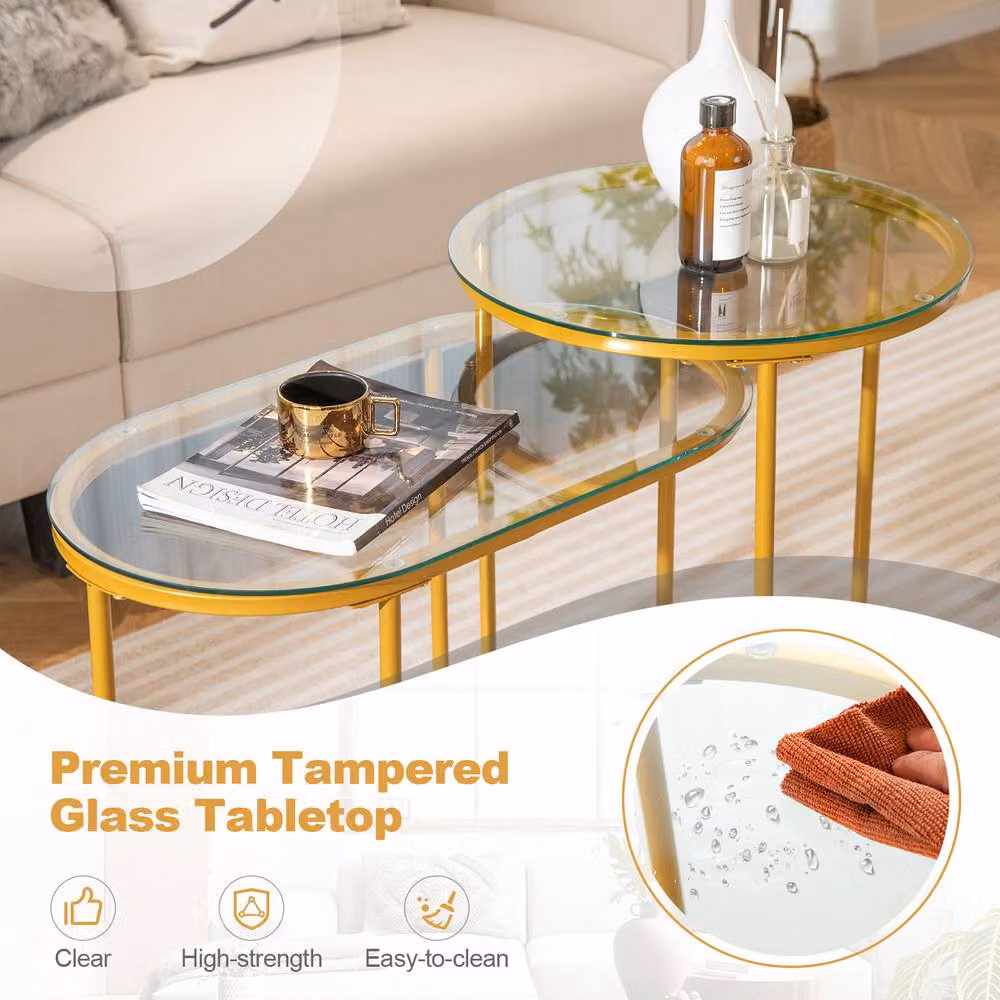 Gymax Nesting Coffee Table Set with Gold Metal Sled Base and Transparent Glass Tabletops – 3