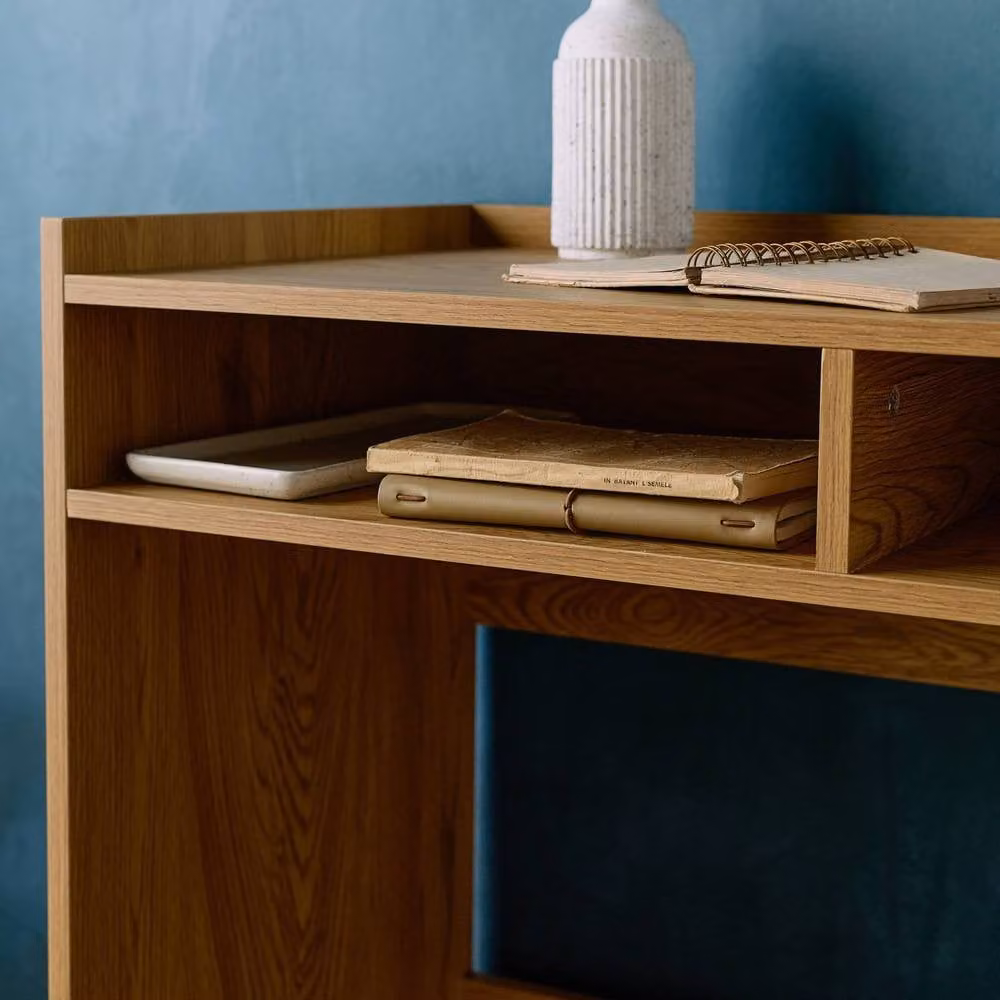 sweeek Minimalist Wooden Writing Desk with 2 Storage Compartments in Brown, W/D/H: 90 x 45 x 78 cm – 4