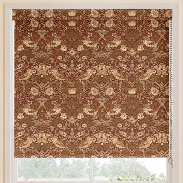 William Morris At Home Strawberry Thief Blackout Roller Blind in Acorn Multicolour Floral Pattern