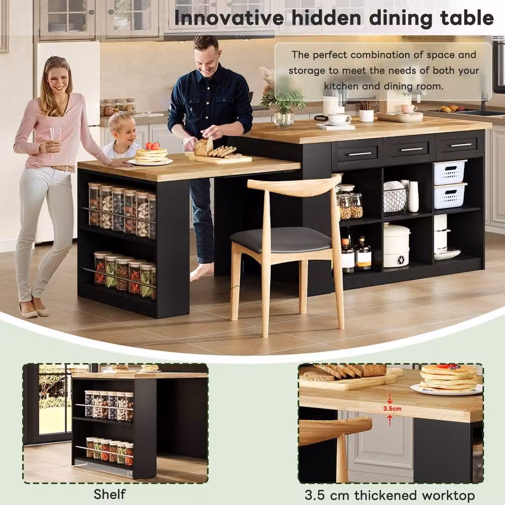 Matteo Modern Black Kitchen Island with Extendable Wood Effect Dining Table – 4