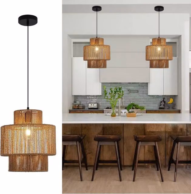 NIVOR Natural Boho Woven Rattan Pendant Light, Adjustable E27 Chandelier in Brown – 1