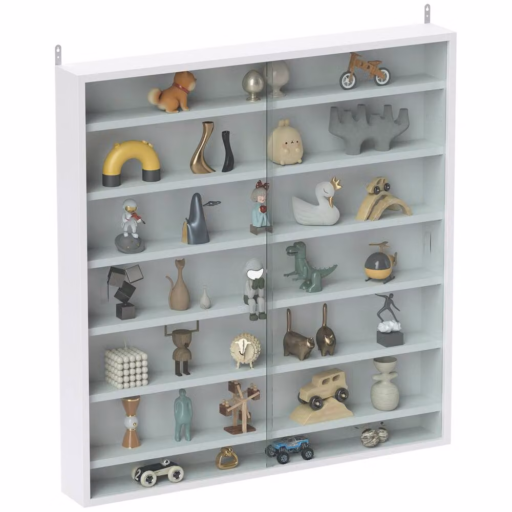HOMCOM 7-Tier Wall Mounted Display Cabinet with Glass Doors and Adjustable Shelves in White – 2