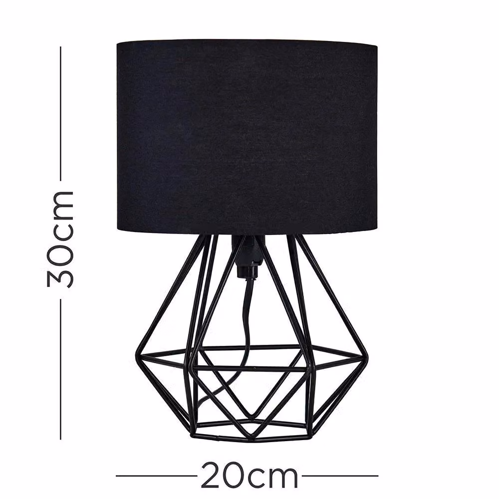 ValueLights Pair of Satin Black Metal Basket Cage Table Lamps with Black Fabric Shades – 3