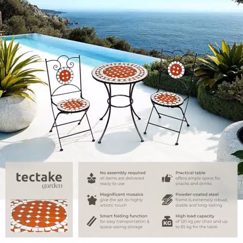 tectake Mosaic Garden Bistro Set in Brown and Multicolour with Metal and Stone Geometric Design – 2