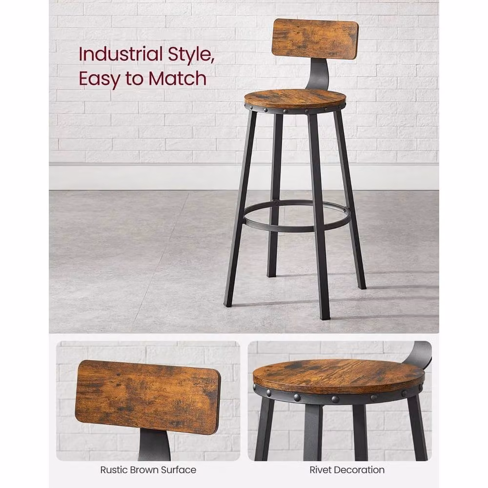 FORGEVIO Set of 2 Rustic Brown and Black Metal and Wood Tall Bar Stools – 3