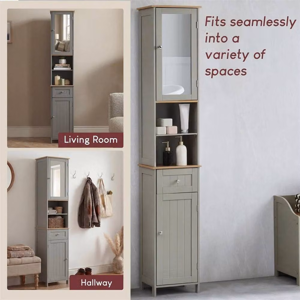 Kelvenix Glamour Grey Matt Freestanding 2 Door Tall Bathroom Cabinet with Mirrored Doors – 3