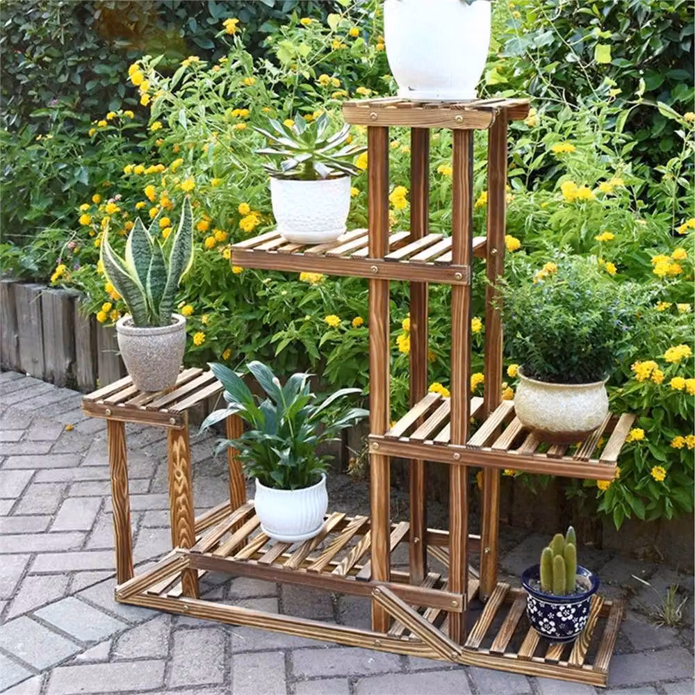 VOGREX 5 Tier Brown Wooden Outdoor Plant Stand and Garden Flowerpot Display Shelf – 2