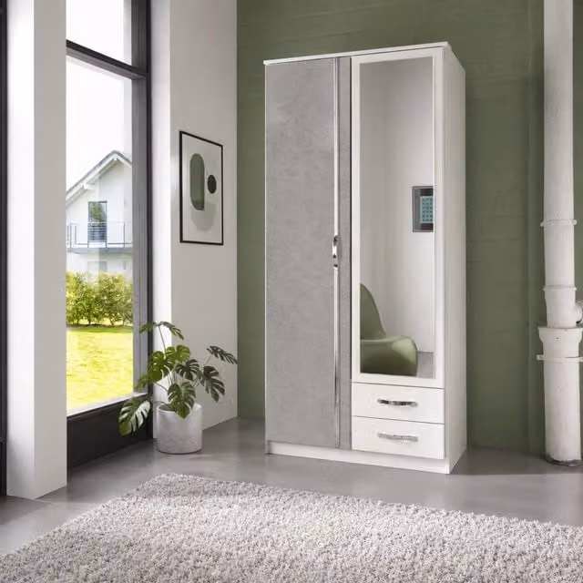 Duo Matt White and Grey 2 Door 90cm Wardrobe with Mirror